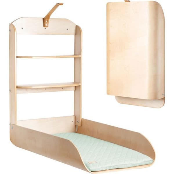Vægmonteret og foldbart puslebord - ROBA - Naturtræ - Integrerede hylder - Minimalistisk design