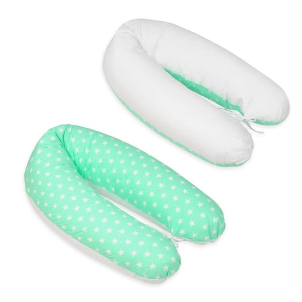 Amningskudde - Graviditetskudde - 100% bomull - med sladdar - 145 cm - vita startar - mint - vit