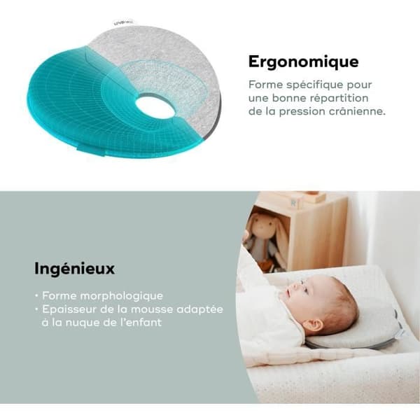 BABYMOOV Morfologiskt huvudstöd för baby Lovenest Original, Oeko-Tex certifierad ekologisk bomull, maskintvättbar, rökig