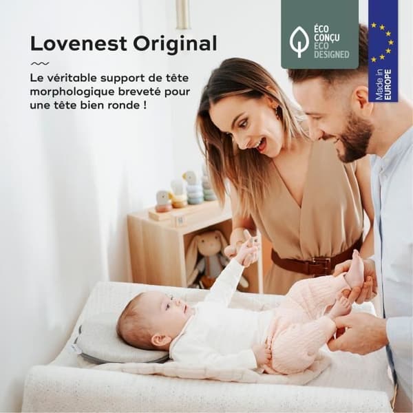 BABYMOOV Morfologiskt huvudstöd för baby Lovenest Original, Oeko-Tex certifierad ekologisk bomull, maskintvättbar, rökig