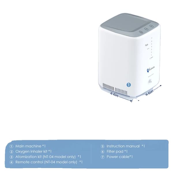 Happikoncentraattori, säädettävä virtausnopeus 1-7 l/min, 93 % happipitoisuus,NT-04, EU-pistoke