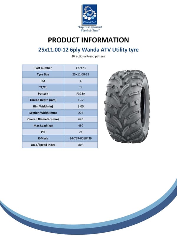 25x11.00-12 Quad ATV Däck 6ply Wanda P373A E-Marked Road Legal Däck (uppsättning av 3)