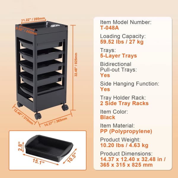 Salon Tray Cart, Højdejusterbar 30-43 tommer, Koldvalset Plade, 1-Lags Design,skuffe5sort