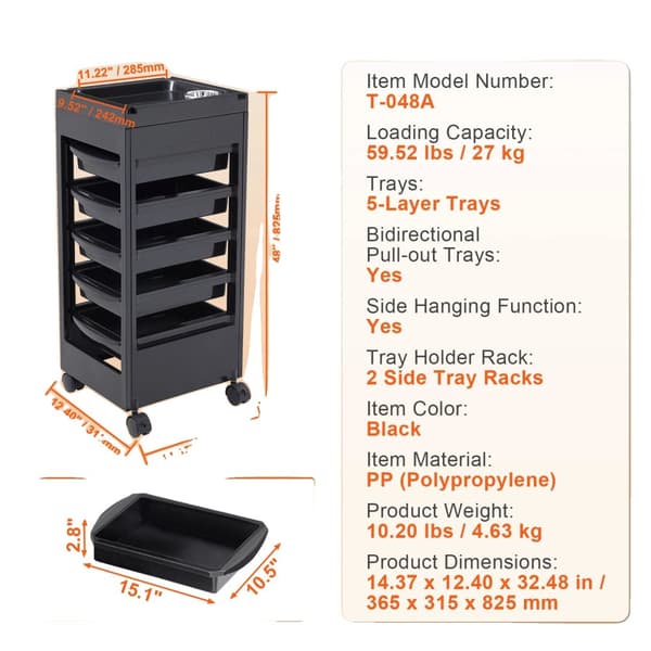 Salon Tray Cart, Højdejusterbar 30-43 tommer, Koldvalset Plade, 1-Lags Design,skuffe5sort