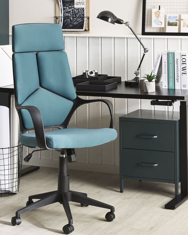 Työtuoli sinivihreä musta kangasverhoilu korkeussäädettävä pyörillä ergonominen moderni