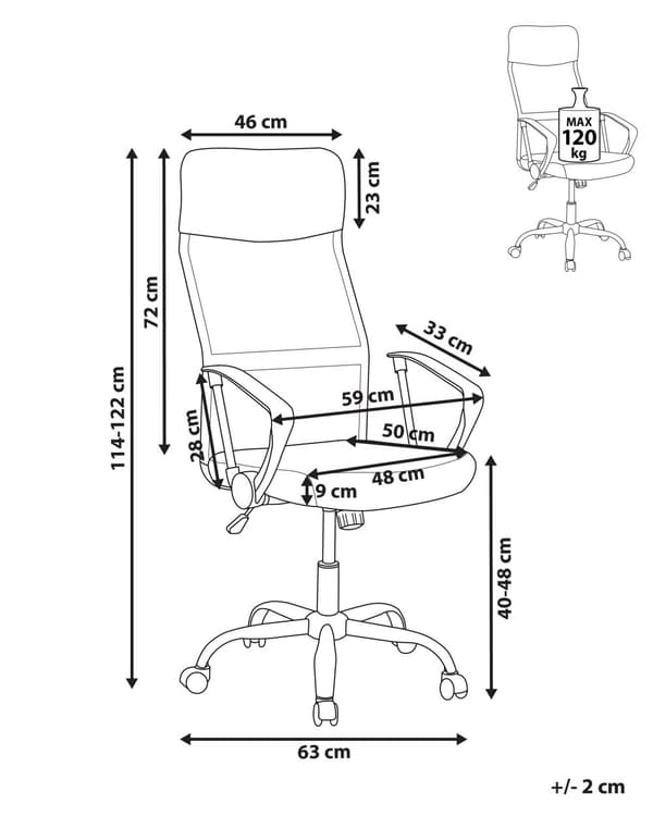 Kontorstol Hvid Sort Polyester Kunstlæder og Sølv Metalstel 114/122 x 63 cm Drejelig Chefstol med Hjul Justerbar Højde og Ryglæn Ergonomisk