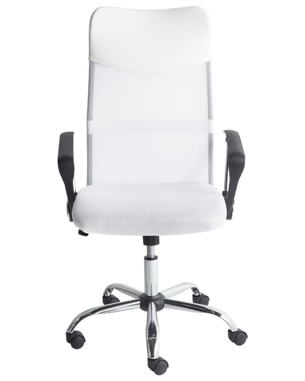 Kontorstol Hvid Sort Polyester Kunstlæder og Sølv Metalstel 114/122 x 63 cm Drejelig Chefstol med Hjul Justerbar Højde og Ryglæn Ergonomisk