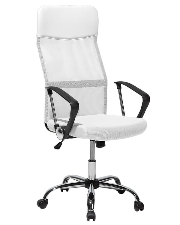 Kontorstol Hvid Sort Polyester Kunstlæder og Sølv Metalstel 114/122 x 63 cm Drejelig Chefstol med Hjul Justerbar Højde og Ryglæn Ergonomisk