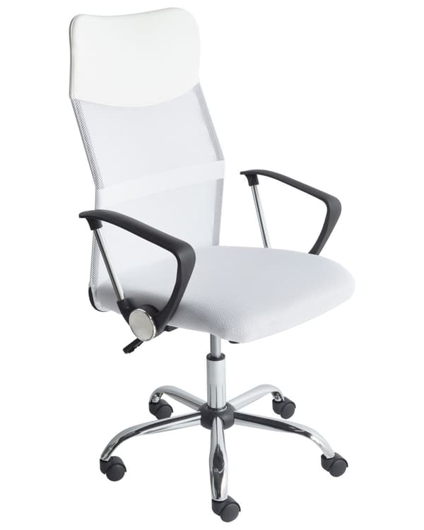Kontorstol Hvid Sort Polyester Kunstlæder og Sølv Metalstel 114/122 x 63 cm Drejelig Chefstol med Hjul Justerbar Højde og Ryglæn Ergonomisk