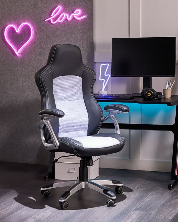 Kontorstol Sort Grå Kunstlæder ø 68 x 120/130 cm Gamerstol med Armlæn Drej Højdejusterbar Ergonomisk Ryglæn Vippefunktion til Drengeværelse