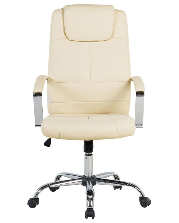 Drejelig kontorstol beige øko-læder justerbar i højden højt ergonomisk ryglæn med nakkestøtte armlæn