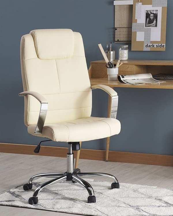 Drejelig kontorstol beige øko-læder justerbar i højden højt ergonomisk ryglæn med nakkestøtte armlæn
