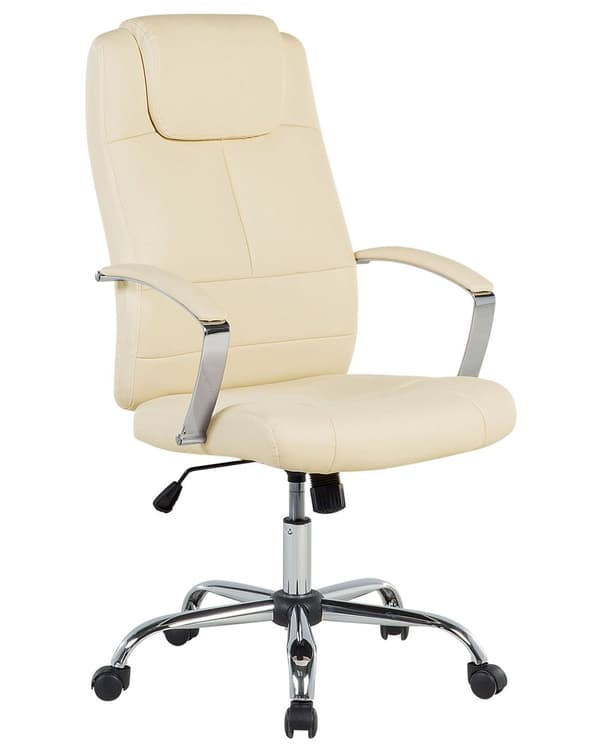 Drejelig kontorstol beige øko-læder justerbar i højden højt ergonomisk ryglæn med nakkestøtte armlæn