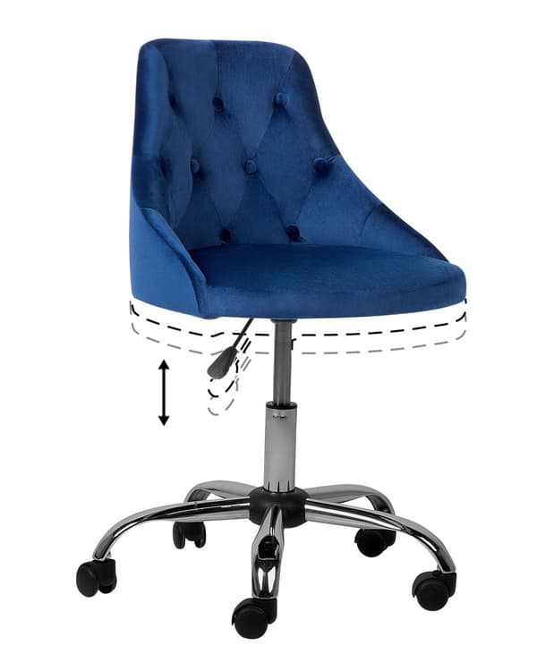 Työtuoli laivastonsininen sametti verhoiltu 60 x 75-85 cm säädettävä pyörillä kääntyvä napitettu glamour