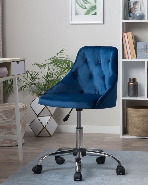 Työtuoli laivastonsininen sametti verhoiltu 60 x 75-85 cm säädettävä pyörillä kääntyvä napitettu glamour