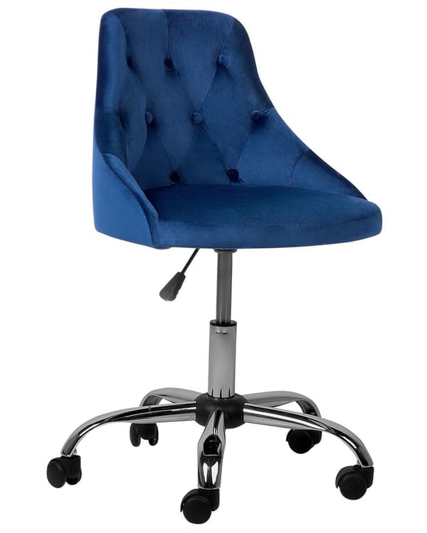 Työtuoli laivastonsininen sametti verhoiltu 60 x 75-85 cm säädettävä pyörillä kääntyvä napitettu glamour
