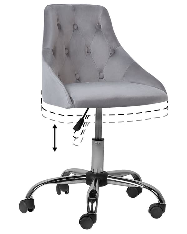 Työtuoli harmaa sametti verhoiltu 60 x 75-85 cm säädettävä pyörillä kääntyvä napitettu glamour