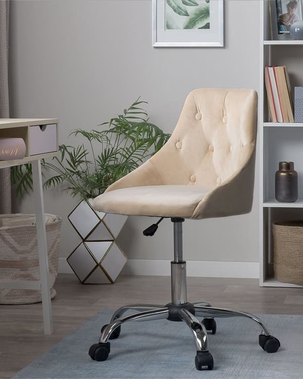 Työtuoli beige sametti verhoiltu 60 x 75-85 cm säädettävä pyörillä kääntyvä napitettu glamour