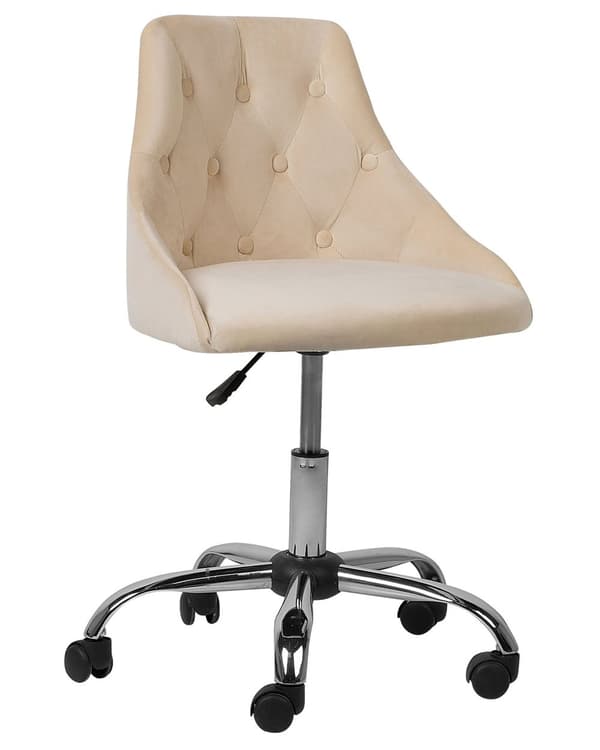 Työtuoli beige sametti verhoiltu 60 x 75-85 cm säädettävä pyörillä kääntyvä napitettu glamour