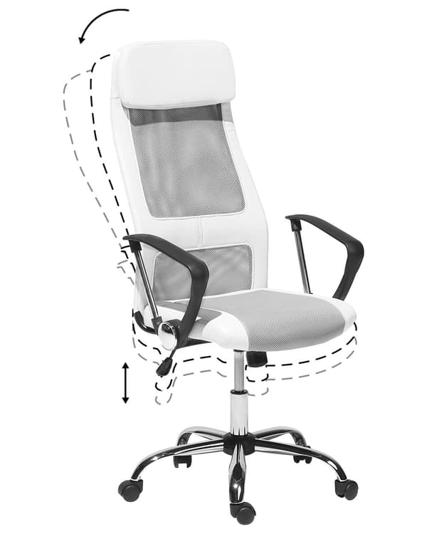Työtuoli valkoinen keinonahka verhoiltu säädettävä kääntyvä kallistuva ergonominen pyörillä moderni tyyli