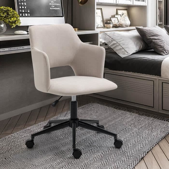 MYSIGA MÖBLER Kontorsstol Vridbar datorfåtölj, ergonomiskt ryggstöd, beige tyg, svart metallbas, höjdjusterbar sits