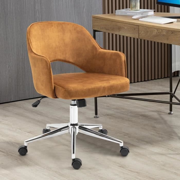 MYSIGA MÖBLER Kontorsstol i senapstyg, ben i kromad metall, justerbar höjd 75-85 cm, 360° svängbara hjul