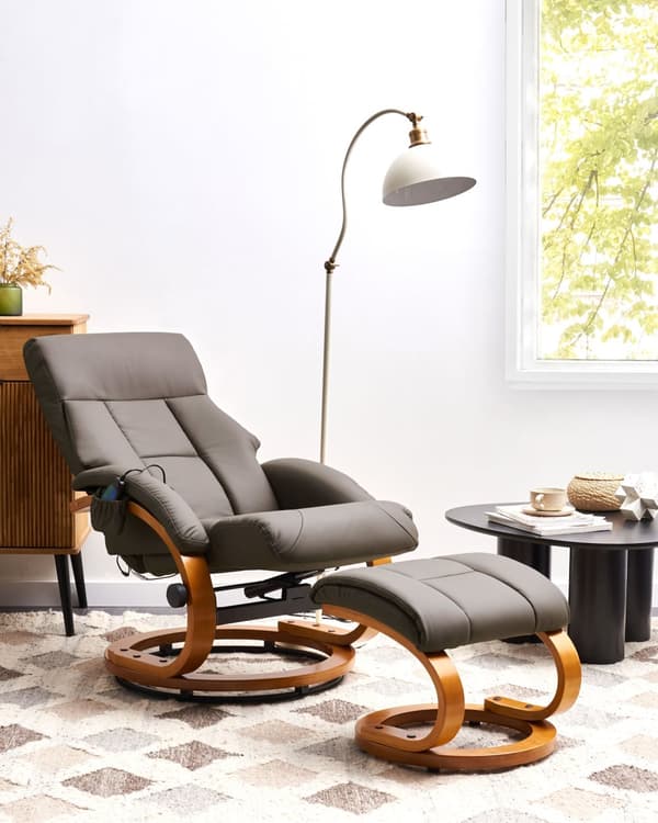 Hvilestol Brun med fotskammel Polstret i kunstskinn Oppvarmet massasje Treramme Justerbar Rygg Retro design