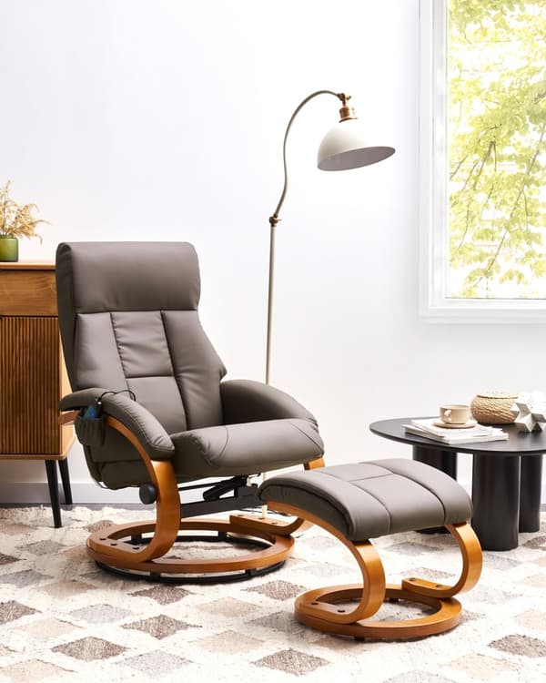 Hvilestol Brun med fotskammel Polstret i kunstskinn Oppvarmet massasje Treramme Justerbar Rygg Retro design