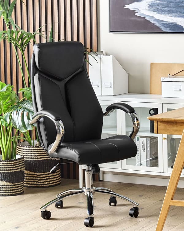 Kontorstol Svart Imitert skinn Justerbar Svingbar Hjul Ergonomisk Arbeidsstol Gamingstol Skrivebord Hjemmekontor