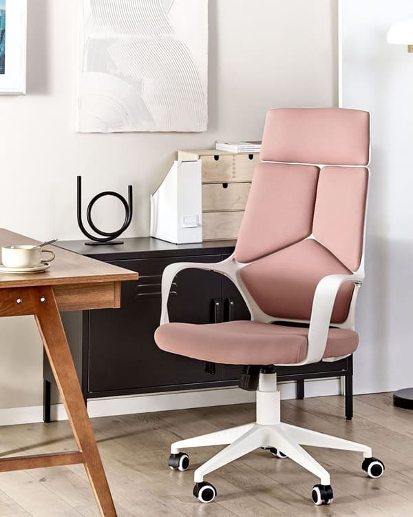 Työtuoli persikanpunainen valkoinen kangasverhoilu korkeussäädettävä pyörillä ergonominen moderni