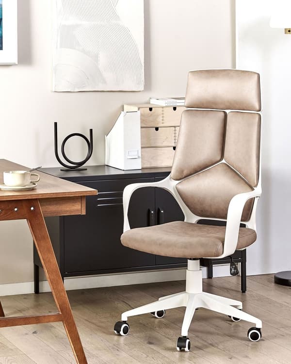Työtuoli hiekanruskea valkoinen kangasverhoilu korkeussäädettävä pyörillä ergonominen moderni