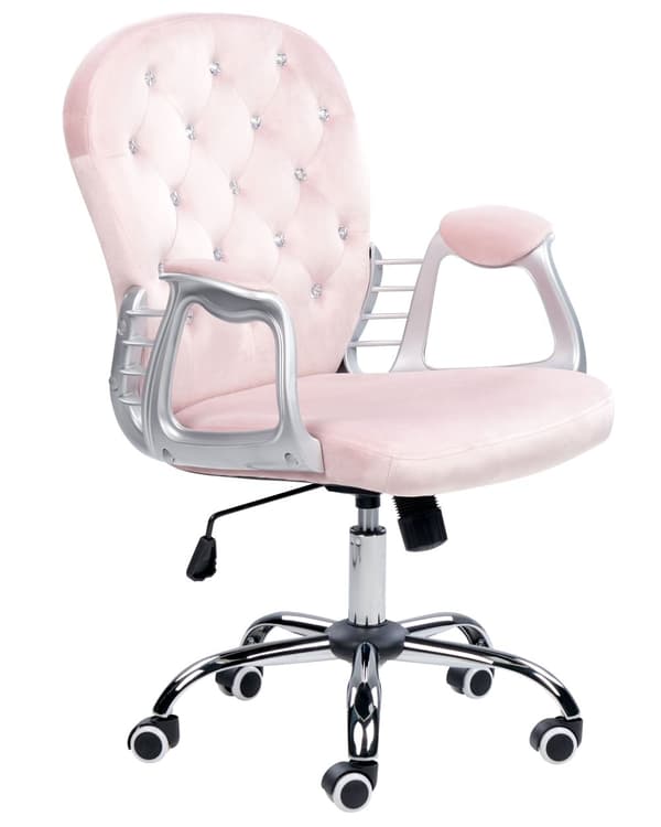 Kontorsstol Rosa Sammet Gaslyft Justerbar Höjd Kristallknappar med Tuftat ryggstöd Vintage Modern Design Hemmakontor