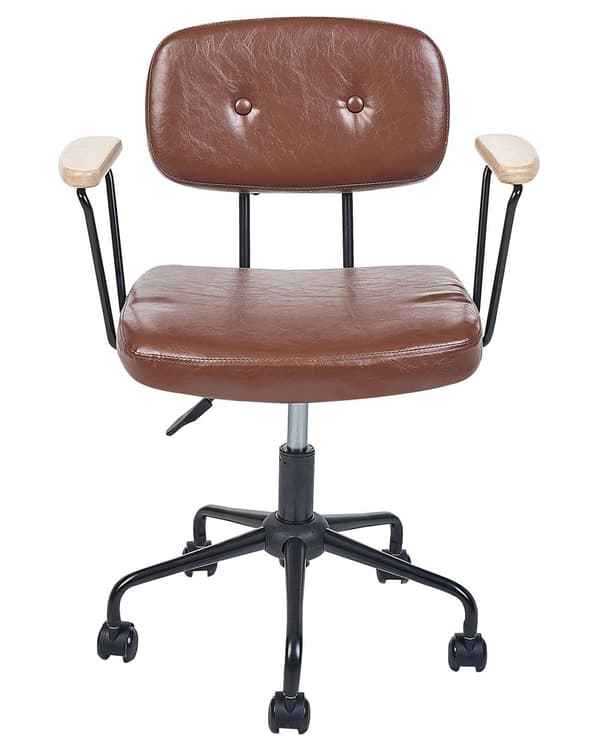 Kontorsstol Brun Konstläder Vridbar Justerbar Höjd med Armstöd Arbetsrum För Hemmakontor Traditionell Design