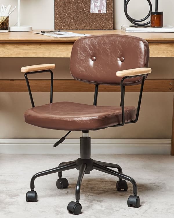 Kontorsstol Brun Konstläder Vridbar Justerbar Höjd med Armstöd Arbetsrum För Hemmakontor Traditionell Design