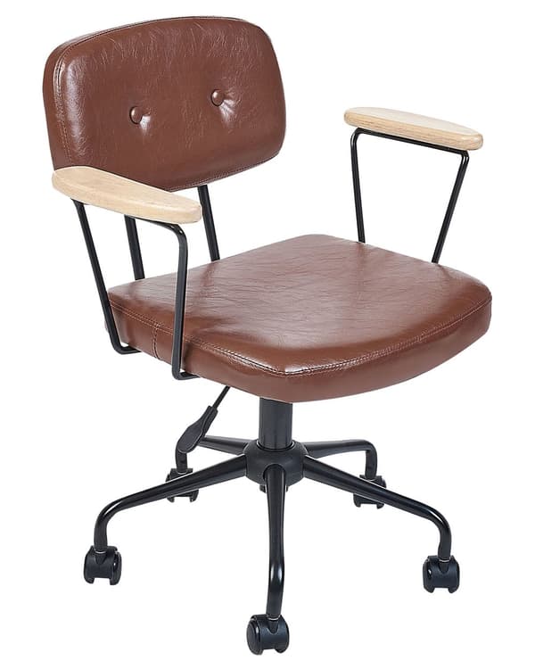 Kontorsstol Brun Konstläder Vridbar Justerbar Höjd med Armstöd Arbetsrum För Hemmakontor Traditionell Design