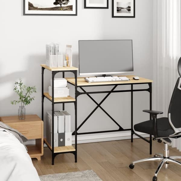 vidaXL Työpöytä hyllyillä Sonoma-tammi 105x50x90 cm tekninen puu/rauta