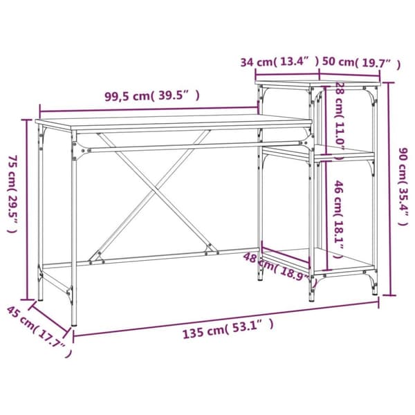 vidaXL Skrivbord med hyllor sonoma-ek 135x50x90cm konstruerat trä&järn