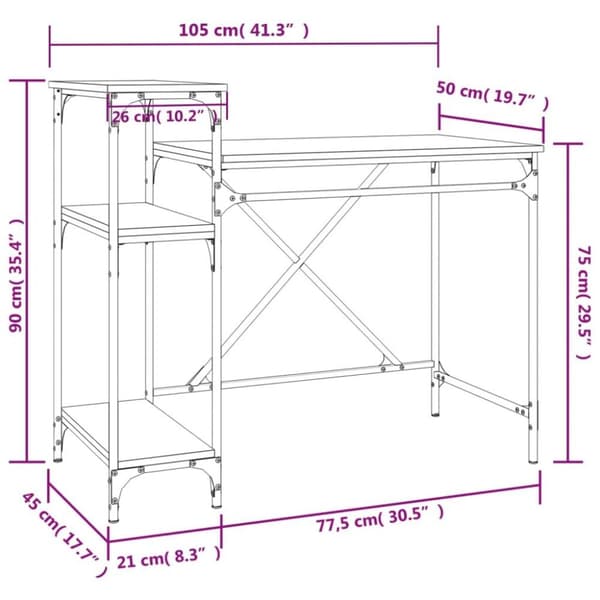 vidaXL Skrivebord hyller grå sonoma 105x50x90 cm konstruert tre jern