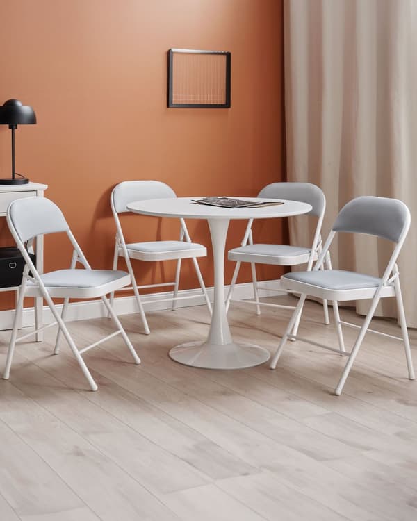 Set med 4 Fällbara Stolar Ljusgrå Metall med Vit Ram Vadderad Sits och Ryggstöd i Tyg Kök Matsal