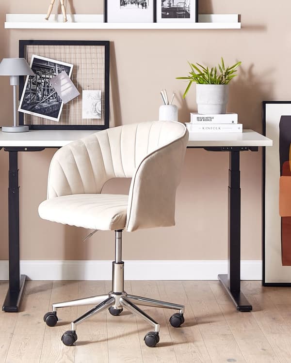 Kontorstol Beige Velour Moderne Skrivebordsstol med Hjul Drejestol til Pigeværelse Ergonomisk Stol med Armlæn