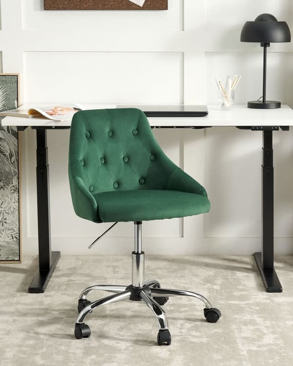 Työtuoli smaragdinvihreä sametti verhoiltu 60 x 75-85 cm säädettävä pyörillä kääntyvä napitettu glamour