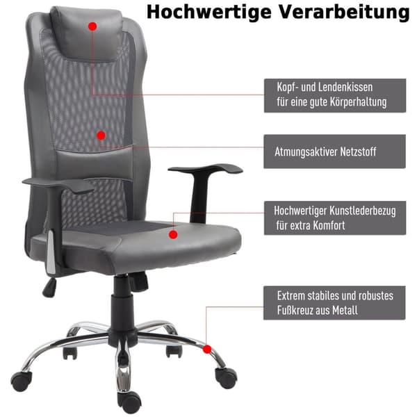Rootz Kontorsstol Executive - Grå - Skum, Läder, Metall - 25,59 cm x 23,94 cm x 48,03 cm