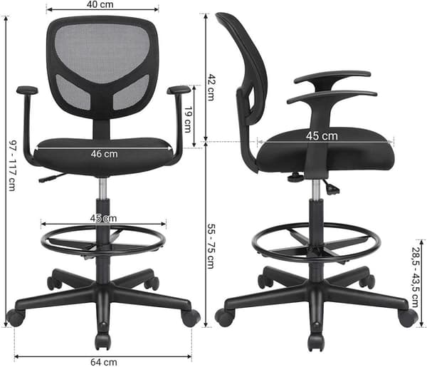 Rootz Kontorsstol - Snurrstol - Arbetspall - Ergonomisk - Armstöd - Justerbart i höjdled - Fotstöd - Svart - Plast - Tyg - 64 x 64 x 97-117 cm