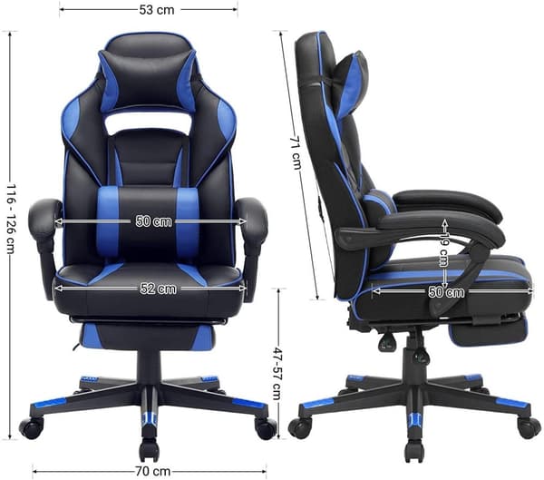 Rootz Kontorstol - Drejestol - Kunstlæder - Fodstøtte - Nakkestøtte - Lændepude - Højdejusterbar - Ergonomisk - Sort - Blå - 67 x 66 x (116-126) cm