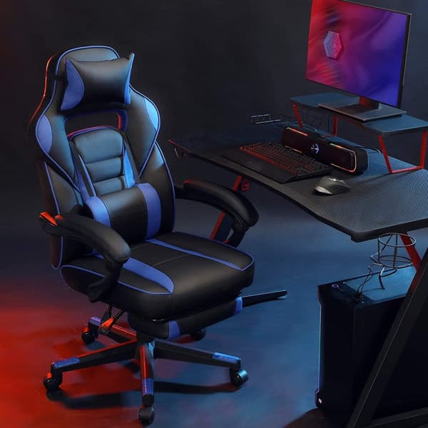 Rootz Kontorstol - Drejestol - Kunstlæder - Fodstøtte - Nakkestøtte - Lændepude - Højdejusterbar - Ergonomisk - Sort - Blå - 67 x 66 x (116-126) cm