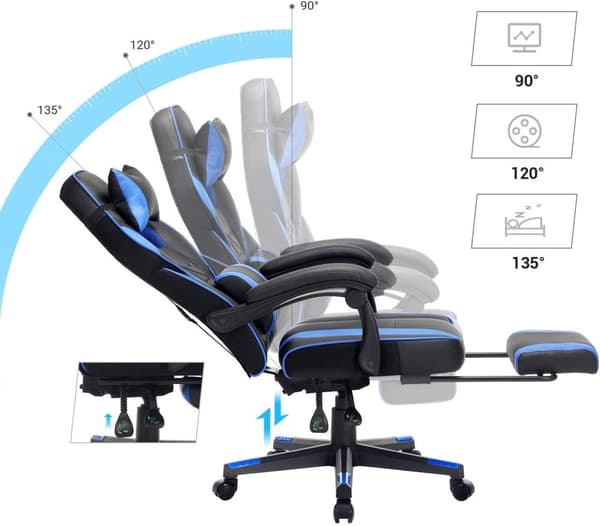 Rootz Kontorstol - Drejestol - Kunstlæder - Fodstøtte - Nakkestøtte - Lændepude - Højdejusterbar - Ergonomisk - Sort - Blå - 67 x 66 x (116-126) cm