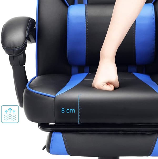 Rootz Kontorstol - Drejestol - Kunstlæder - Fodstøtte - Nakkestøtte - Lændepude - Højdejusterbar - Ergonomisk - Sort - Blå - 67 x 66 x (116-126) cm
