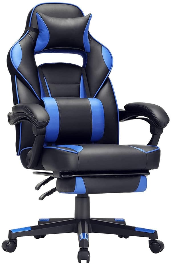 Rootz Kontorstol - Drejestol - Kunstlæder - Fodstøtte - Nakkestøtte - Lændepude - Højdejusterbar - Ergonomisk - Sort - Blå - 67 x 66 x (116-126) cm