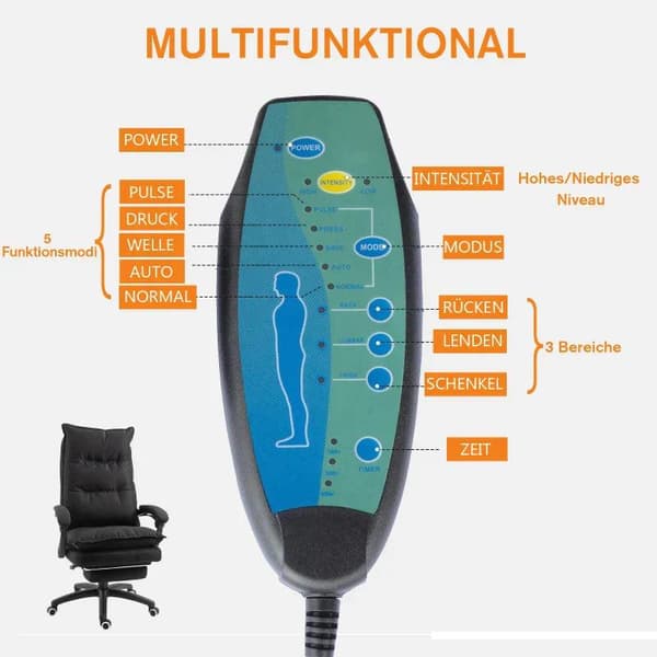 Rootz Kontorstol - Massage Kontorstol - Massagefunktion - Højdejusterbar - Nylon - Sort - 70 x 62 x 120-130 cm