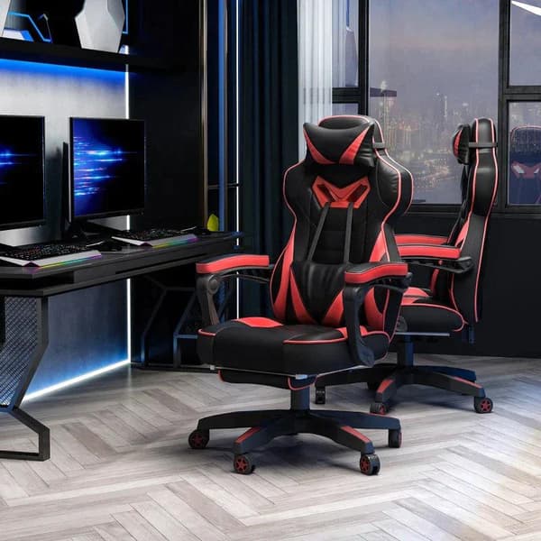 Rootz Gaming Chair - Ergonomisk kontorsstol - Snurrstol - Justerbar rygg - Skum+PU Läder+Metal, Svart+Röd
